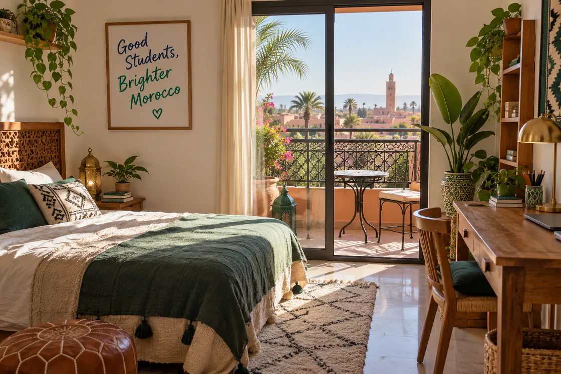 Chambre étudiante meublée avec vue sur balcon, Marrakech