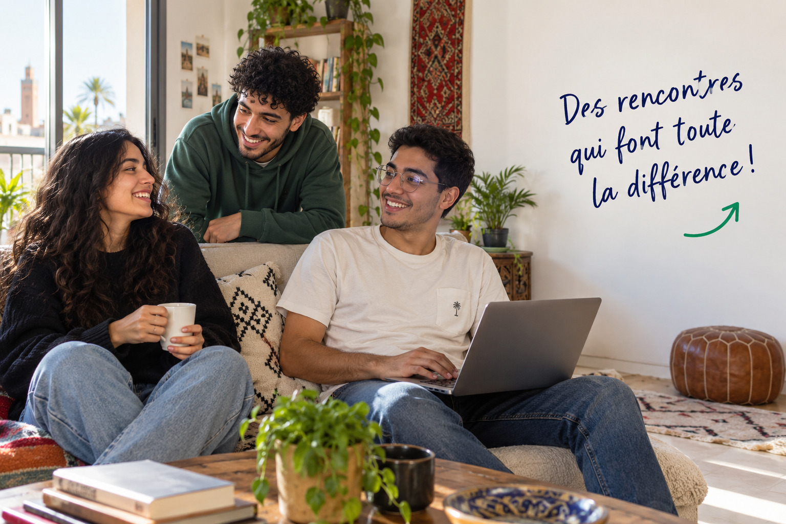 Trois étudiants souriants discutant ensemble dans un salon